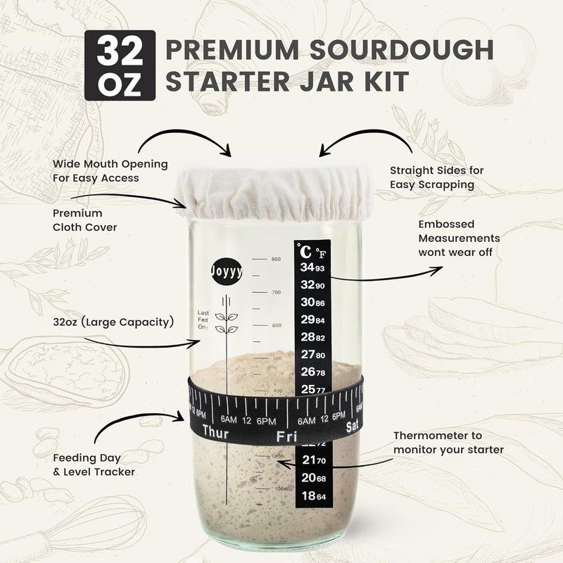 Joyyy Sourdough Starter Jar, Beginner Sourdough Starter Kit, 34oz Large Capacity Glass Fermentation Jar with Lid & Tracker for Homemade Sour Dough (Set of 2) - Image 3